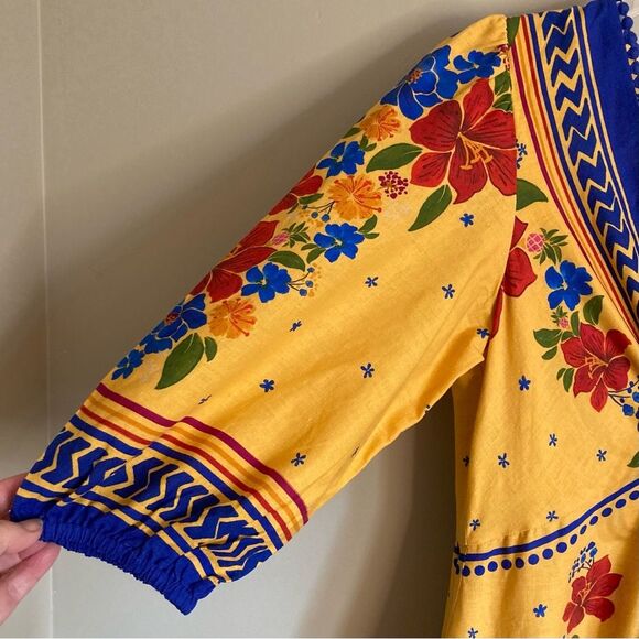 NEW FARM Rio Floral Yard Yellow Maxi Dress Embroidered Eyelet Beaded Tassel XS/S - Picture 9 of 16